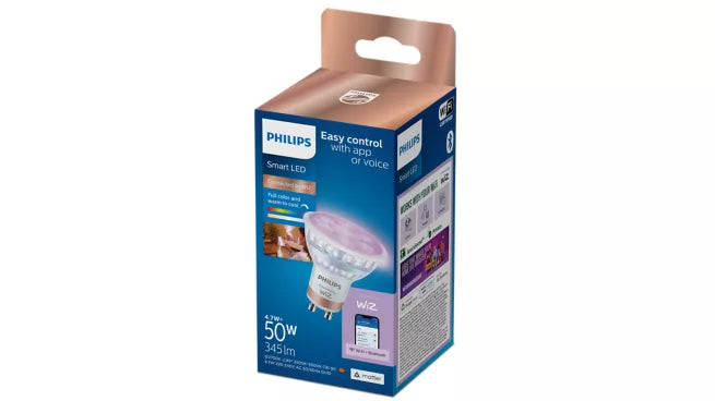 אריזת נורת ספוט חכמה צבעונית Philips Smart LED PAR16 GU10 RGB – נורת ספוט יחידה עם מיליוני צבעים ושליטה באפליקציה