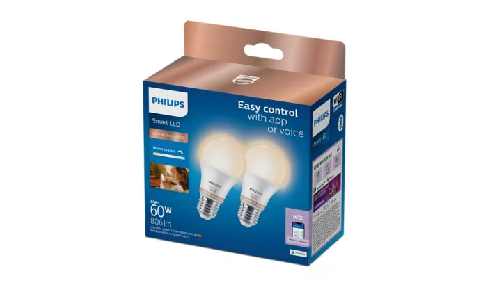 אריזת מארז זוגי נורות LED חכמות Philips Smart LED A60 E27 60W – עם לבן מתכוונן ושליטה באפליקציה