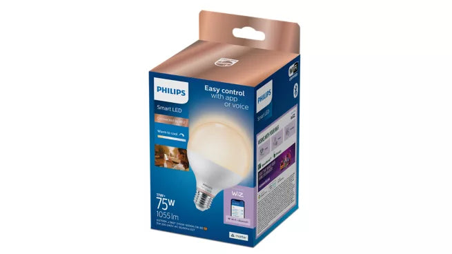 אריזת נורת LED חכמה Philips Smart LED Globe G95 E27 – נורת כדור חלבית עם לבן מתכוונן ושליטה באפליקציה
