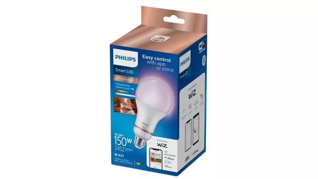 אריזת נורת LED חכמה צבעונית Philips Smart LED A80 E27 RGB 150W – נורה עוצמתית במיוחד עם מיליוני צבעים ושליטה באפליקציה