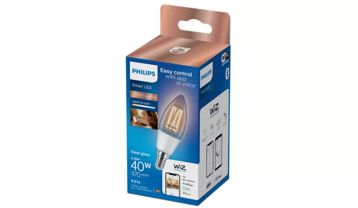 אריזת נורת פילמנט חכמה Philips Smart LED Candle C35 E14 40W – נורת נר שקופה עם לבן מתכוונן ושליטה באפליקציה