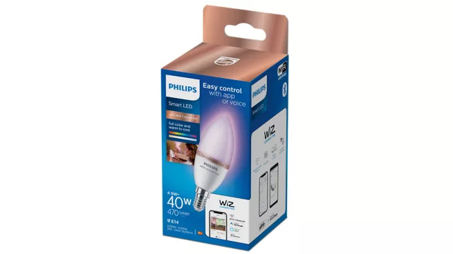אריזת נורת נר חכמה צבעונית Philips Smart LED Candle C37 E14 RGB – נורת נר יחידה עם מיליוני צבעים ושליטה באפליקציה