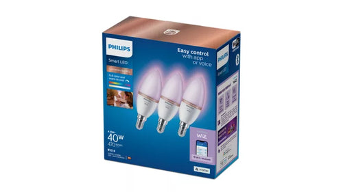 אריזת מארז שלוש נורות נר חכמות צבעוניות Philips Smart LED Candle C37 E14 RGB – עם מיליוני צבעים ושליטה באפליקציה