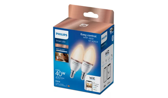 אריזת מארז זוגי נורות נר חכמות Philips Smart LED Candle C37 E14 40W – עם לבן מתכוונן ושליטה באפליקציה