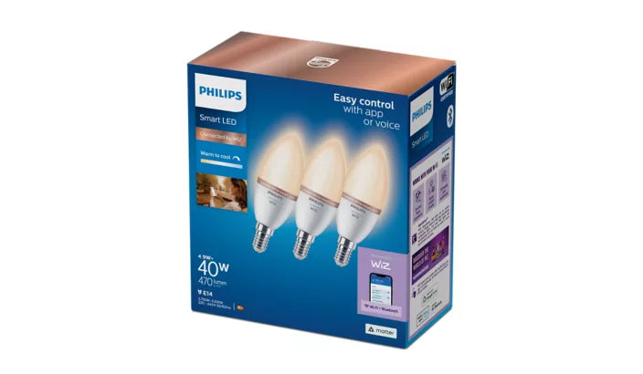 אריזת מארז שלוש נורות נר חכמות Philips Smart LED Candle C37 E14 – עם לבן מתכוונן ושליטה באפליקציה