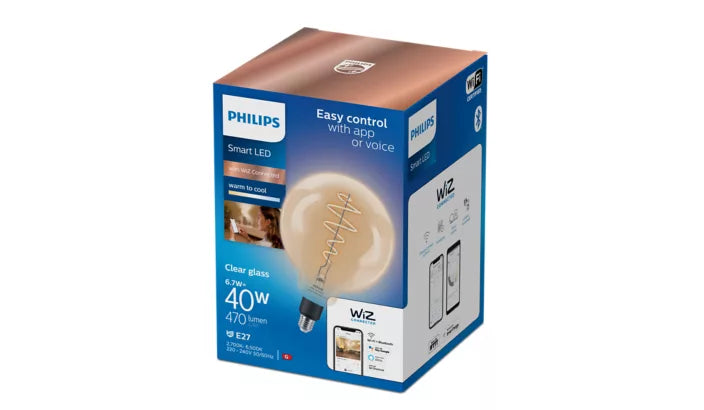 אריזת נורת פילמנט חכמה Philips Smart LED Globe G200 E27 40W – נורת כדור ענק שקופה עם לבן מתכוונן ושליטה באפליקציה