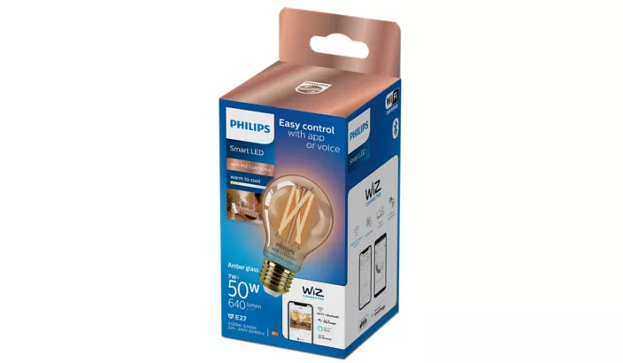אריזת נורת פילמנט חכמה Philips Smart LED A60 E27 Amber 50W – נורה בגוון ענבר בסגנון וינטג' רטרו עם לבן מתכוונן ושליטה באפליקציה