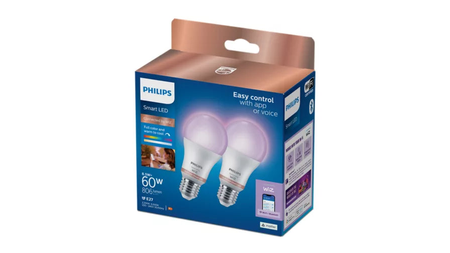 אריזת מארז זוגי נורות LED חכמות צבעוניות Philips Smart LED A60 E27 RGB – עם מיליוני צבעים ושליטה באפליקציה