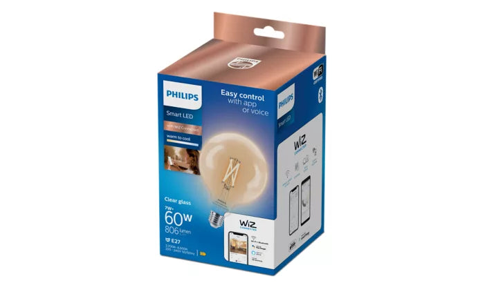 אריזת נורת פילמנט חכמה Philips Smart LED Globe G125 E27 60W – נורת כדור גדול שקופה עם לבן מתכוונן ושליטה באפליקציה