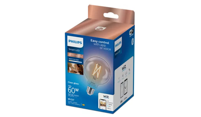 אריזת נורת פילמנט חכמה Philips Smart LED Globe G95 E27 60W – נורת כדור שקופה עם לבן מתכוונן ושליטה באפליקציה
