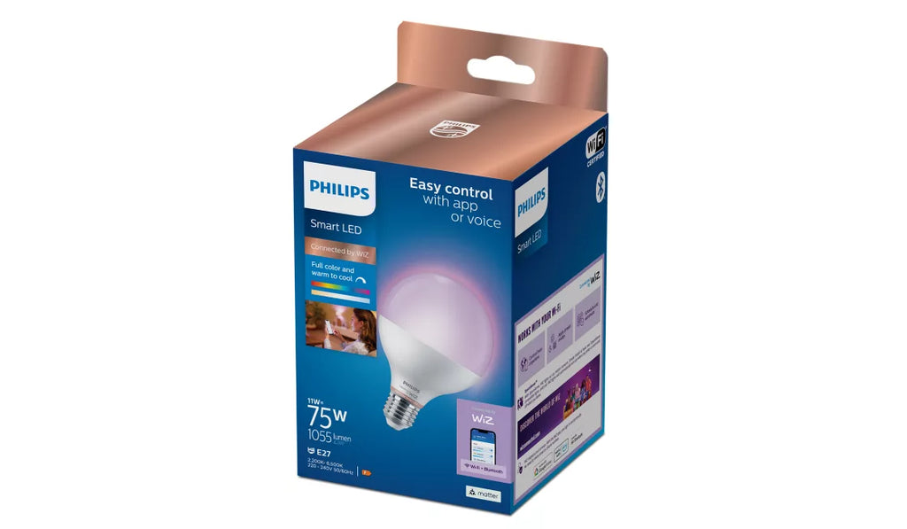 אריזת נורת LED חכמה צבעונית Philips Smart LED Globe G95 E27 RGB – נורת כדור יחידה עם מיליוני צבעים ושליטה באפליקציה