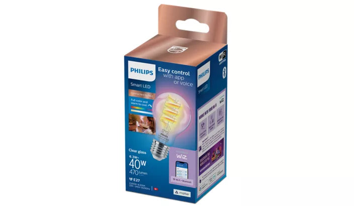 אריזת נורת פילמנט חכמה צבעונית Philips Smart LED A60 E27 RGB 40W – נורה שקופה בסגנון רטרו עם מיליוני צבעים ושליטה באפליקציה