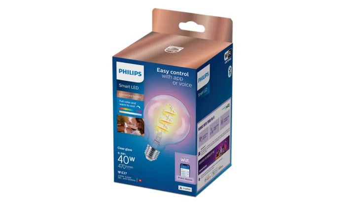 אריזת נורת פילמנט חכמה צבעונית Philips Smart LED Globe G95 E27 RGB 40W – נורת כדור שקופה עם מיליוני צבעים ושליטה באפליקציה
