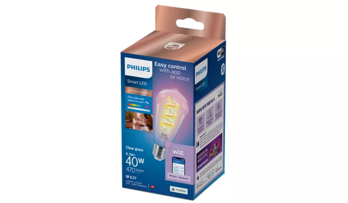 אריזת נורת פילמנט חכמה צבעונית Philips Smart LED ST64 E27 RGB 40W – נורה שקופה בסגנון אדיסון עם מיליוני צבעים ושליטה באפליקציה נורה חכמה Smart LED Filament ST64 E27 40W מבית Philips